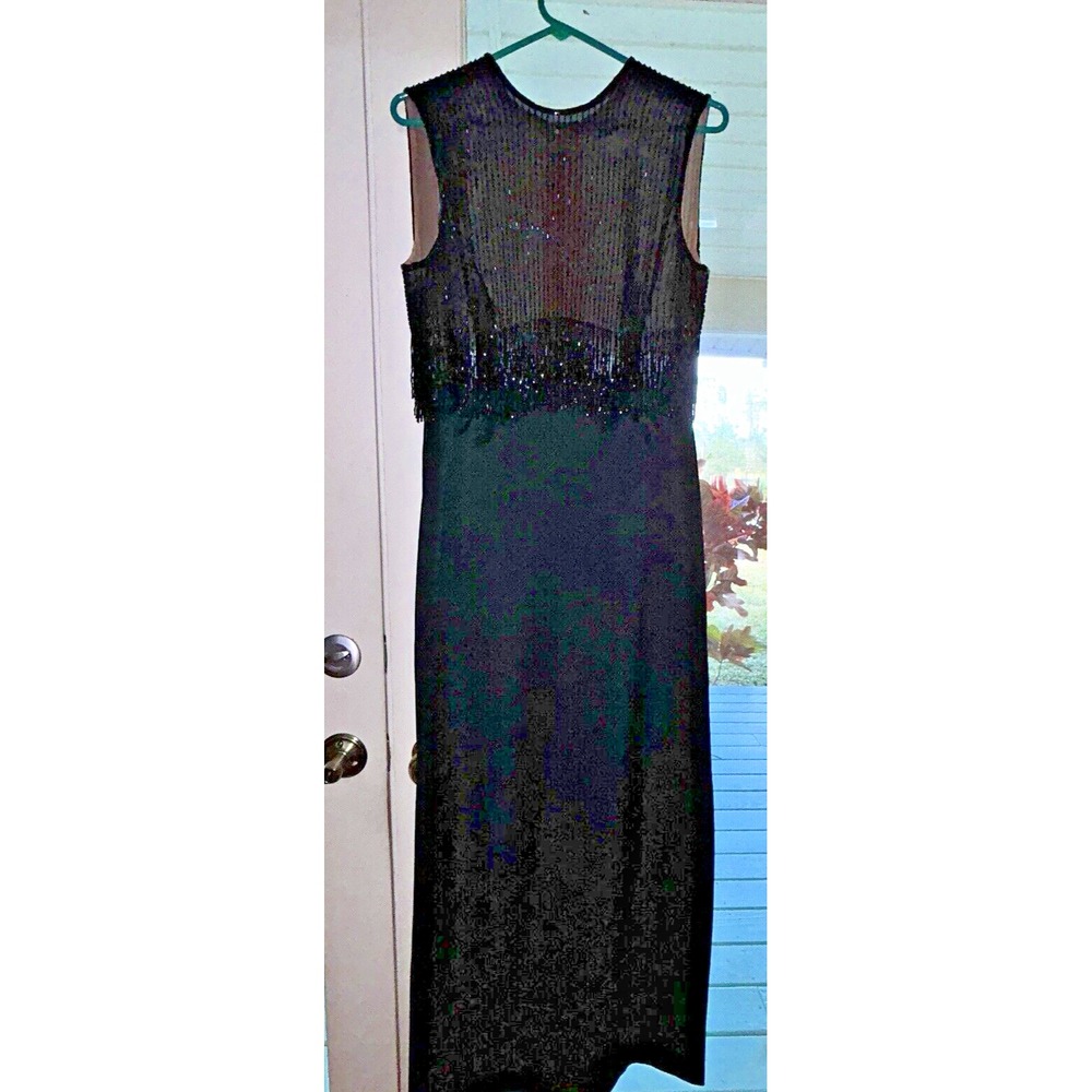 Evening Gown Long Black Beaded Bodice and Fringe, Sleeveless Dress Women's 8-10